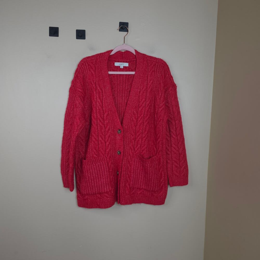 Loft Ann Taylor Cable Knit Boyfriend Pocket Cardigan in Red Size M